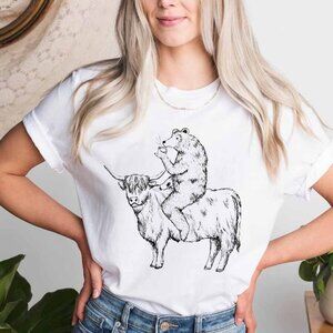 White Short Sleeve Tee with Bear & Highland Cow
